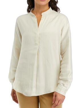Elie Tahari Off-White Split V-Neck Long Sleeve Satin Blouse